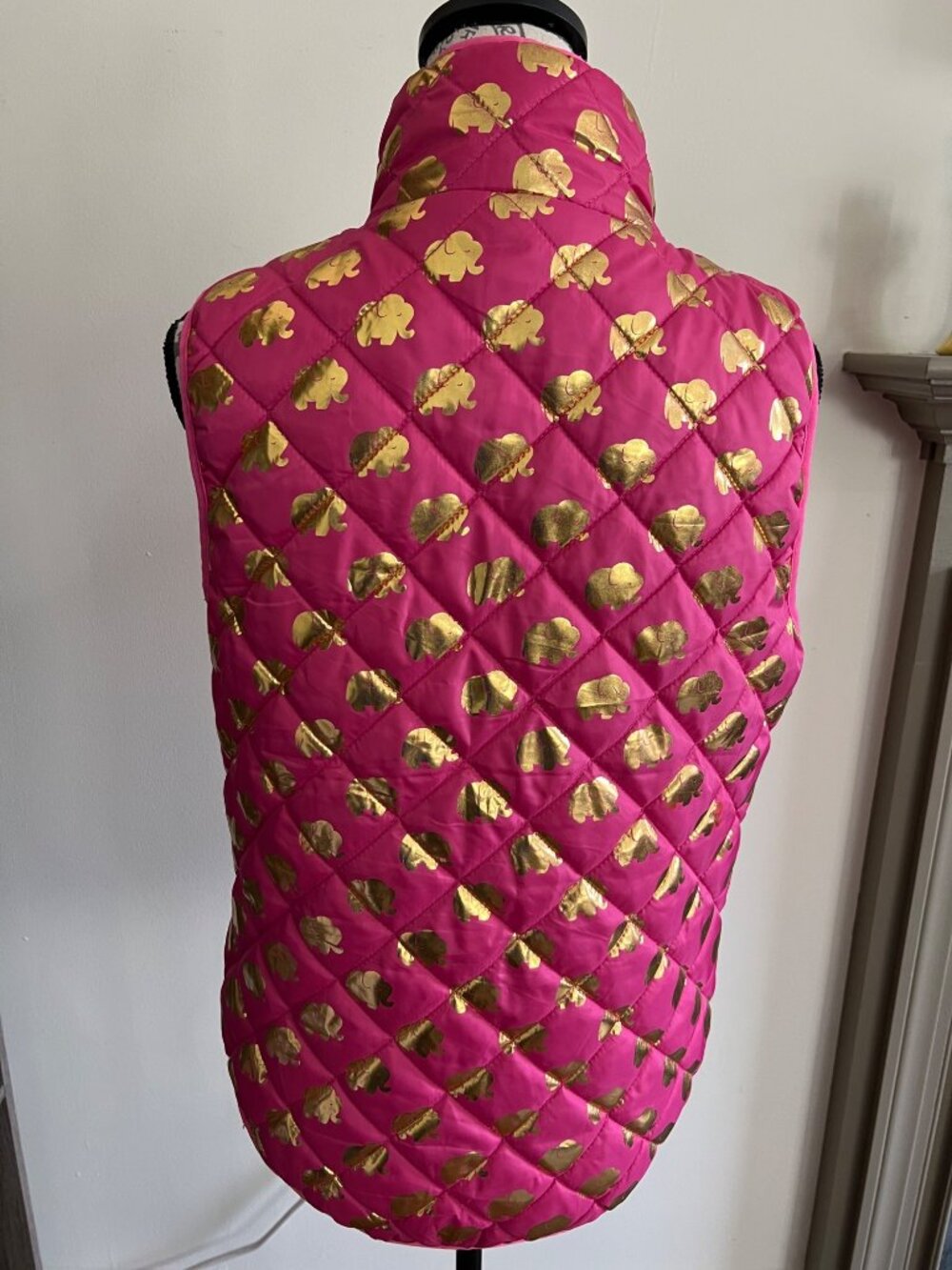 Simply Southern Puffer Vest Quilted Pink Gold Metallic Elephant Full Zip Medium - Picture 5 of 9